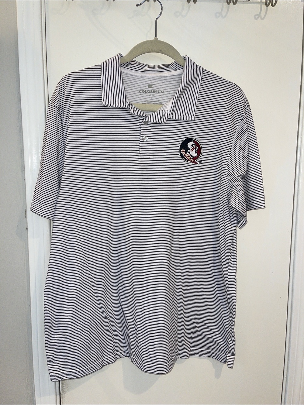 Colosseum Men's White and Navy Thin-Strip Polo FSU Logo